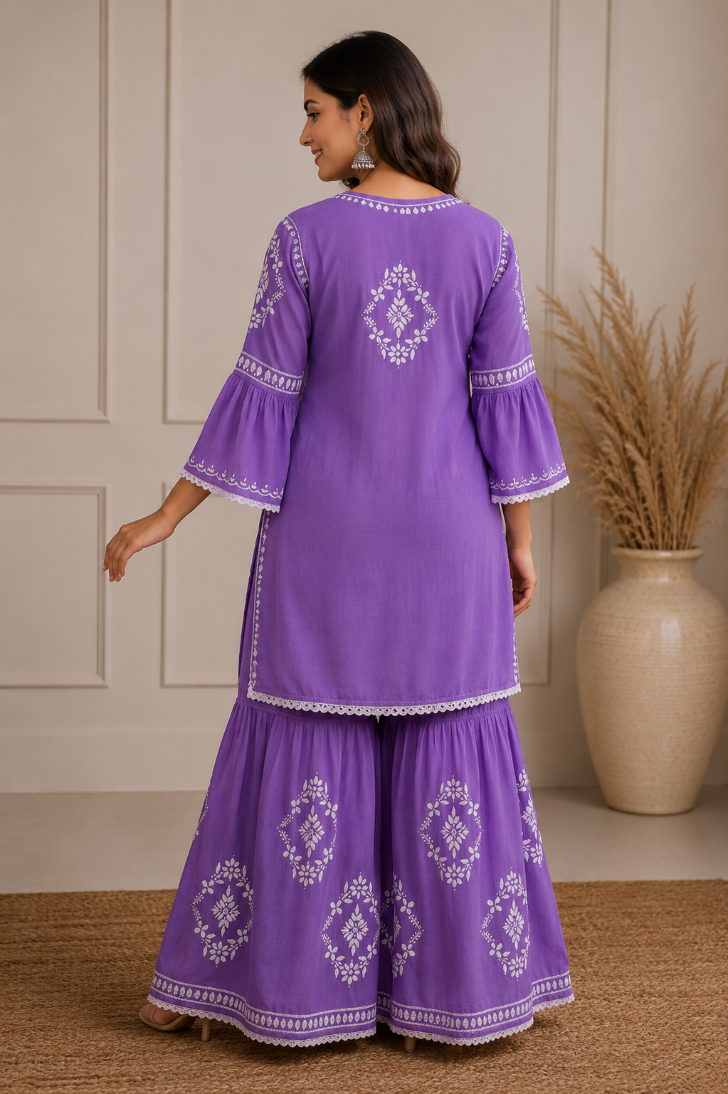 Navya 3D Chikankari Hand Embroidered Womens Gharara Set - Purple