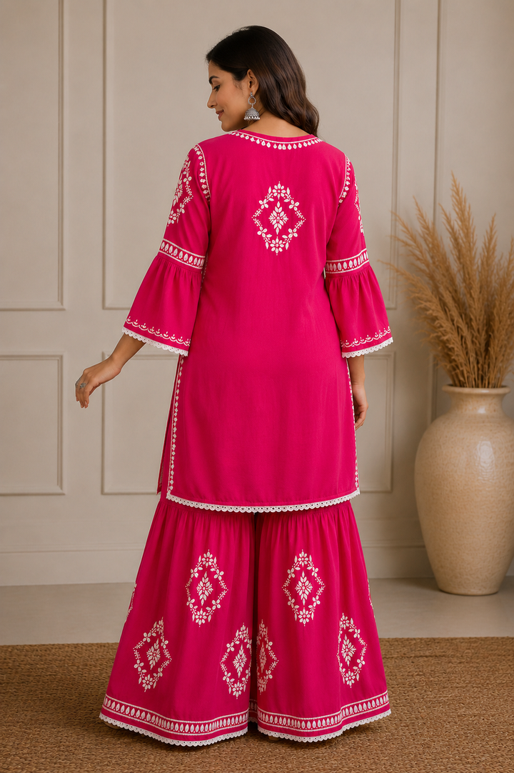 Navya 3D Chikankari Hand Embroidered Womens Gharara Set - Magenta
