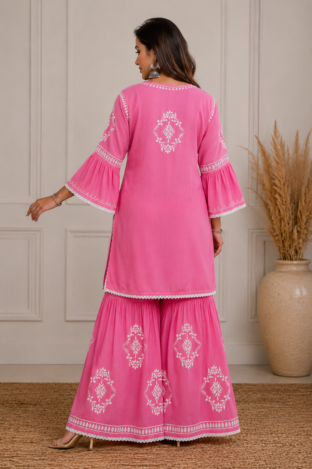 Navya 3D Chikankari Hand Embroidered Womens Gharara Set - Pink