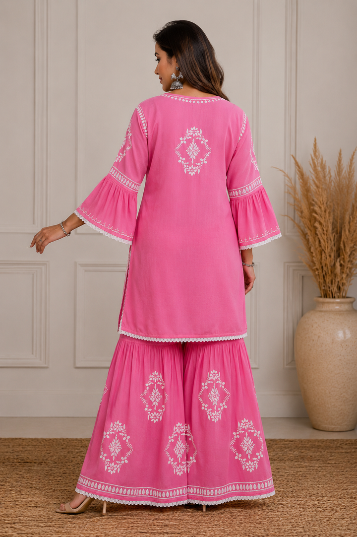 Navya 3D Chikankari Hand Embroidered Womens Gharara Set - Pink