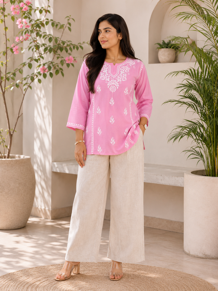 Isha Rayon Chikankari Solid Women's Short Top - Pink