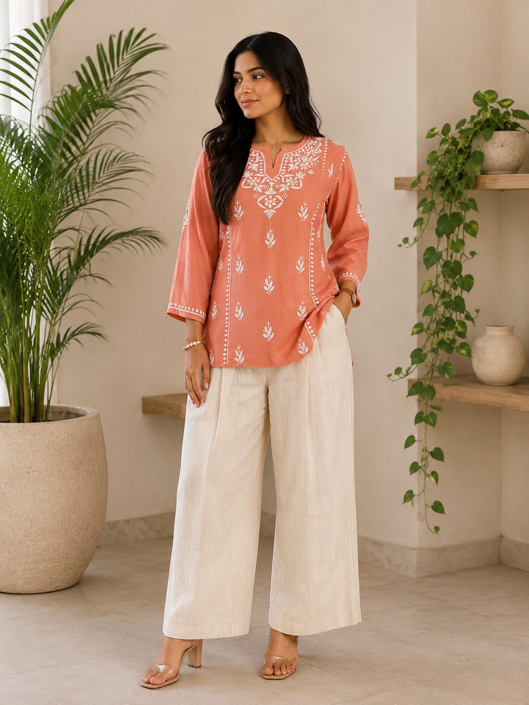 Isha Rayon Chikankari Solid Women's Short Top - Peach