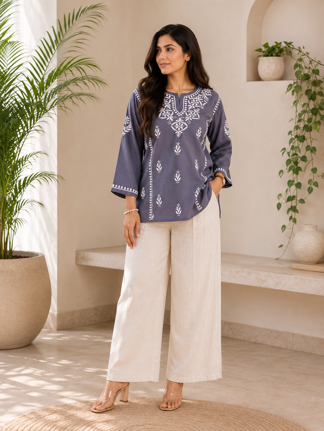 Isha Rayon Chikankari Solid Women's Short Top - Charcoal