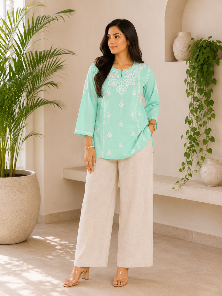 Isha Rayon Chikankari Solid Women's Short Top - Aqua