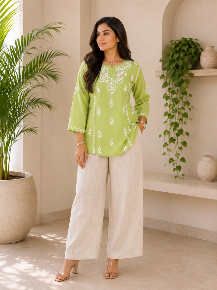 Isha Rayon Chikankari Solid Women's Short Top - Pista
