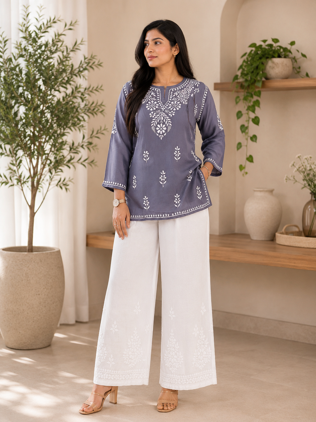 Parnika Rayon Chikankari Solid Women's Short Kurta - Charcoal