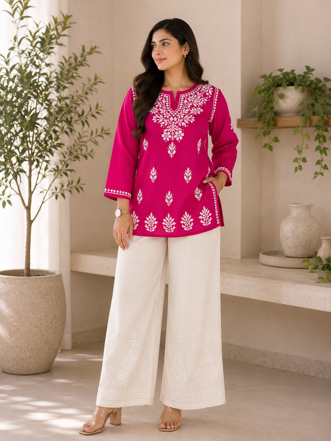 Parnika Rayon Chikankari Solid Women's Short Kurta - Magenta