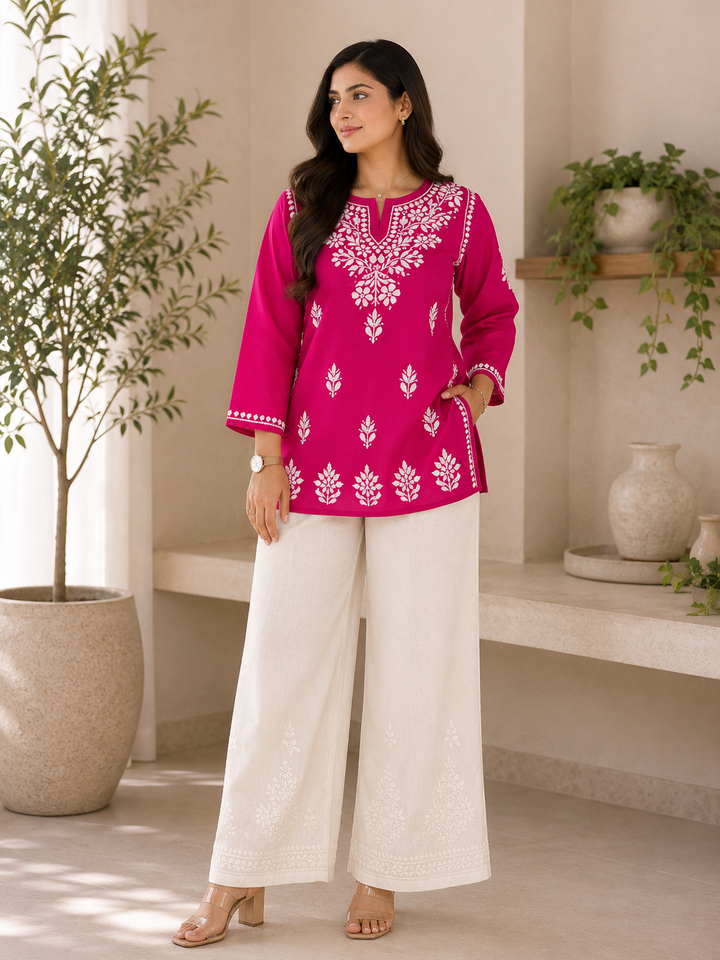 Parnika Rayon Chikankari Solid Women's Short Kurta - Magenta