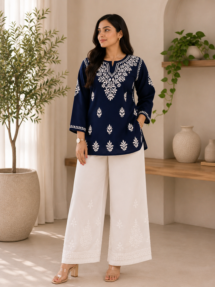 Parnika Rayon Chikankari Solid Women's Short Kurta - Navy Blue