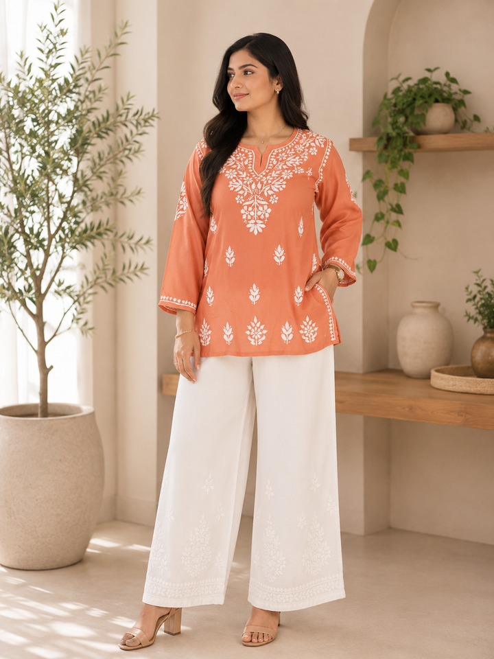 Parnika Rayon Chikankari Solid Women's Short Kurta - Peach