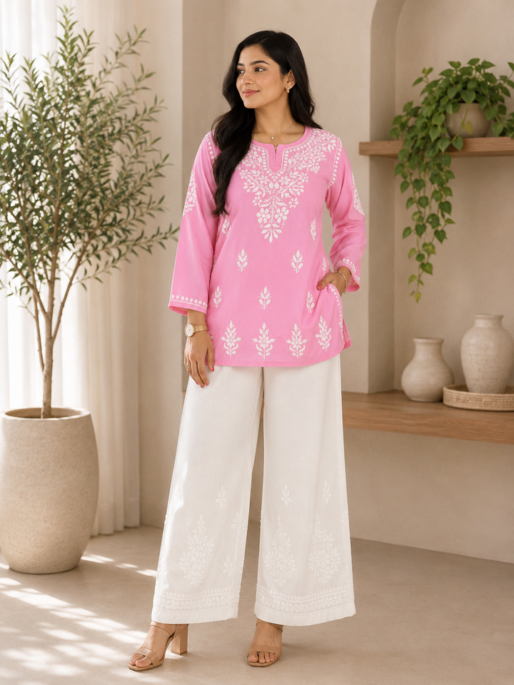 Parnika Rayon Chikankari Solid Women's Short Kurta - Pink