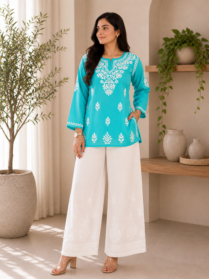 Parnika Rayon Chikankari Solid Women's Short Kurta - Rama