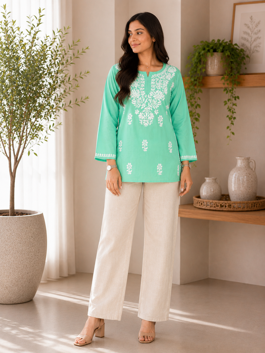 Sitara Cotton Chikankari Hand embroidered Women's Short Kurta - Mint