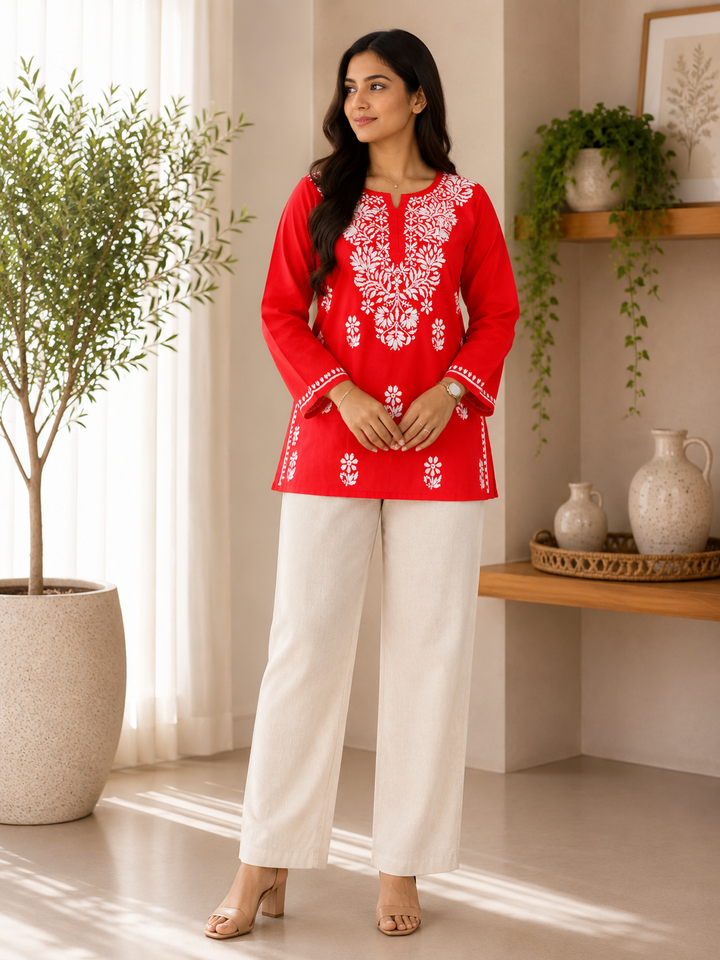 Sitara Cotton Chikankari Hand embroidered Women's Short Kurta - Tomato Pink