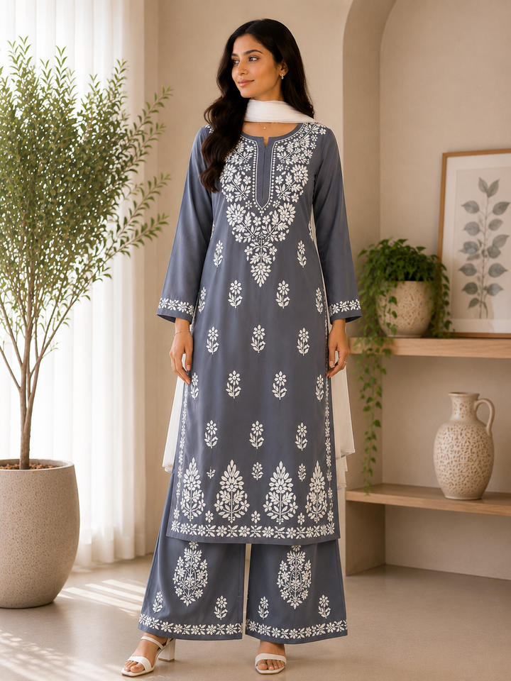 Sangriya Rayon 3D Chikankari Handwork women kurta palazzo set - Charcoal Gray