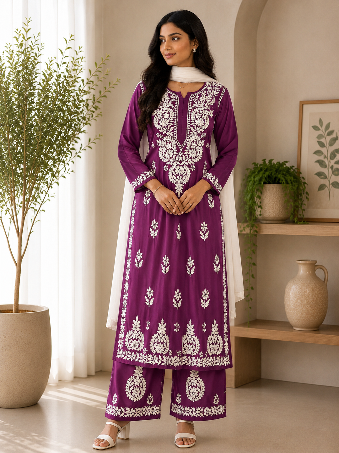 Sangriya Rayon 3D Chikankari Handwork women kurta palazzo set - Mauve