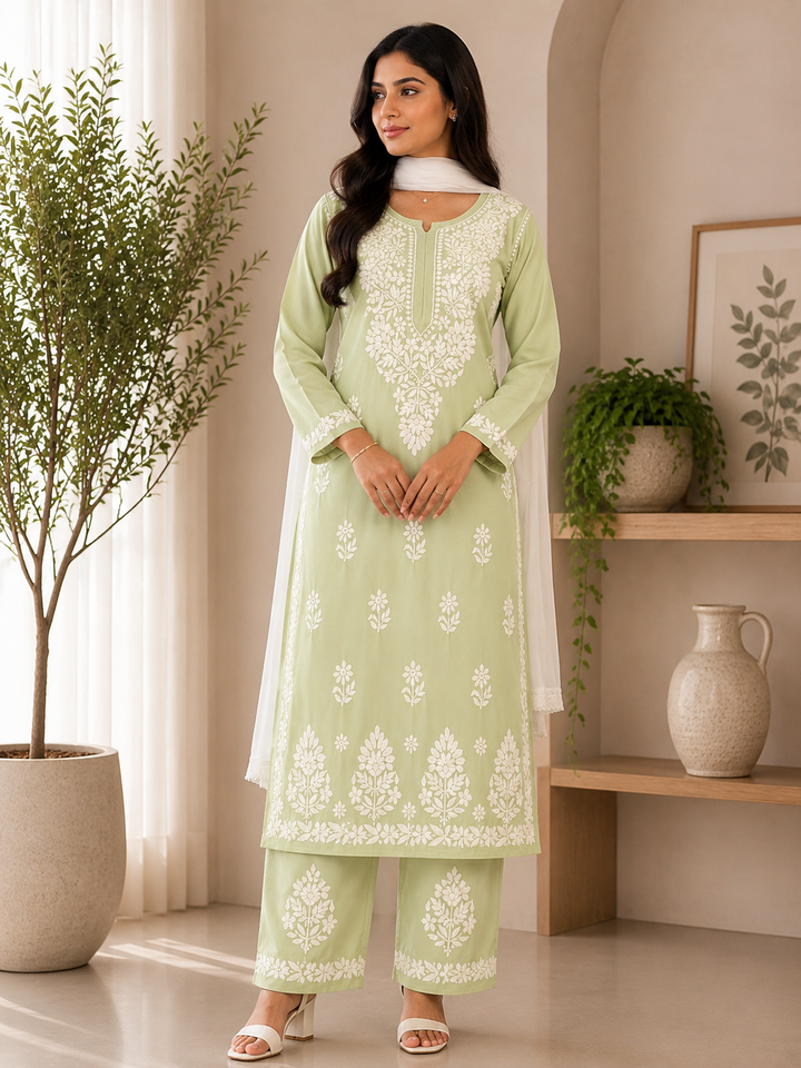 Sangriya Rayon 3D Chikankari Handwork women kurta palazzo set - English Green