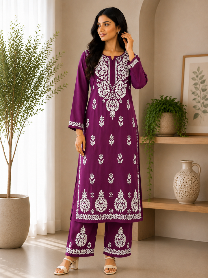 Sangriya Rayon 3D Chikankari Handwork women kurta palazzo set - Mauve