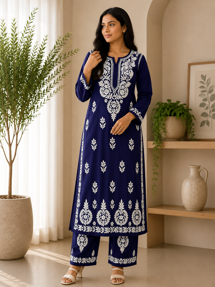 Sangriya Rayon 3D Chikankari Handwork women kurta palazzo set - Navy Blue