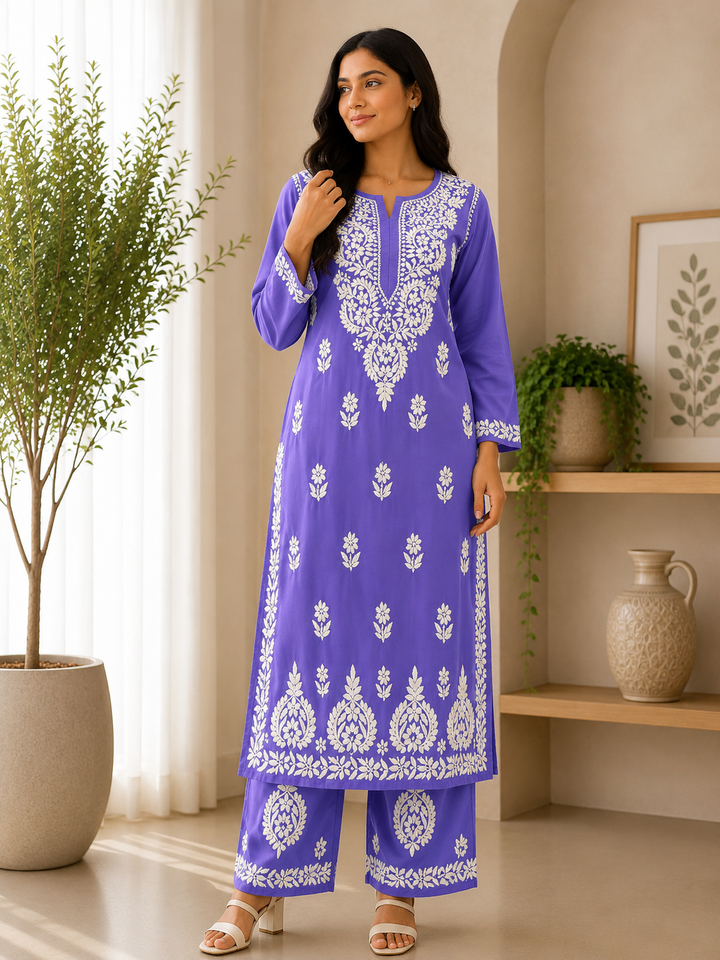 Sangriya Rayon 3D Chikankari Handwork women kurta palazzo set - Lavender