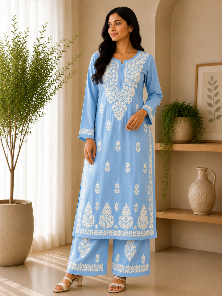Sangriya Rayon 3D Chikankari Handwork women kurta palazzo set - Powder Blue