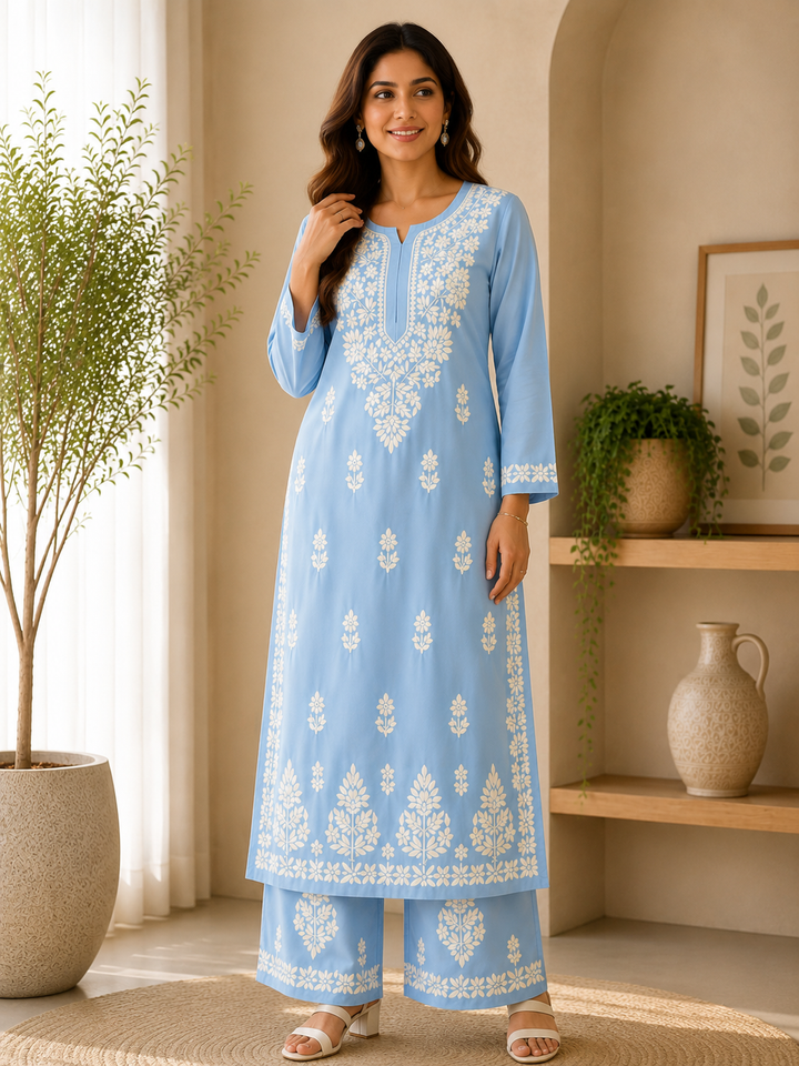 Sangriya Rayon 3D Chikankari Handwork women kurta palazzo set - Powder Blue