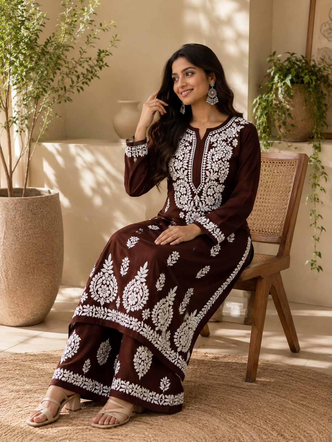 Sangriya Rayon 3D Chikankari Handwork women kurta palazzo set - Brown