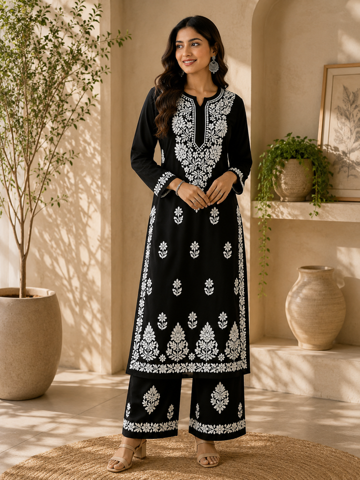 Sangriya Rayon 3D Chikankari Handwork women kurta palazzo set - Black