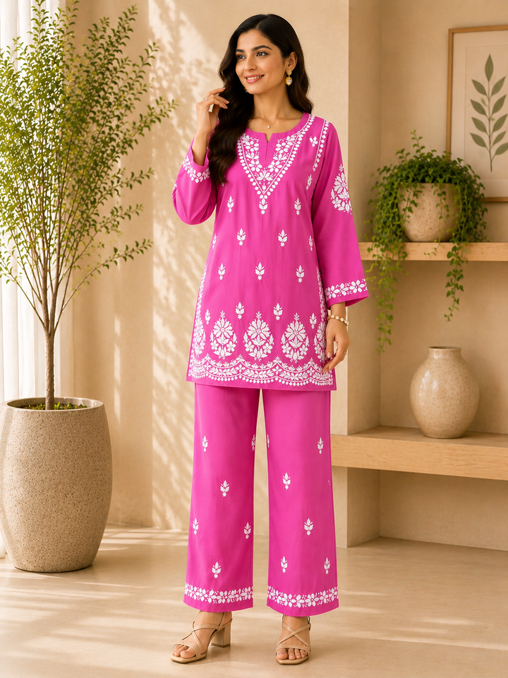 Trisha Rayon Chikankari Handwork Women's Co-ord Set - Dark Pink
