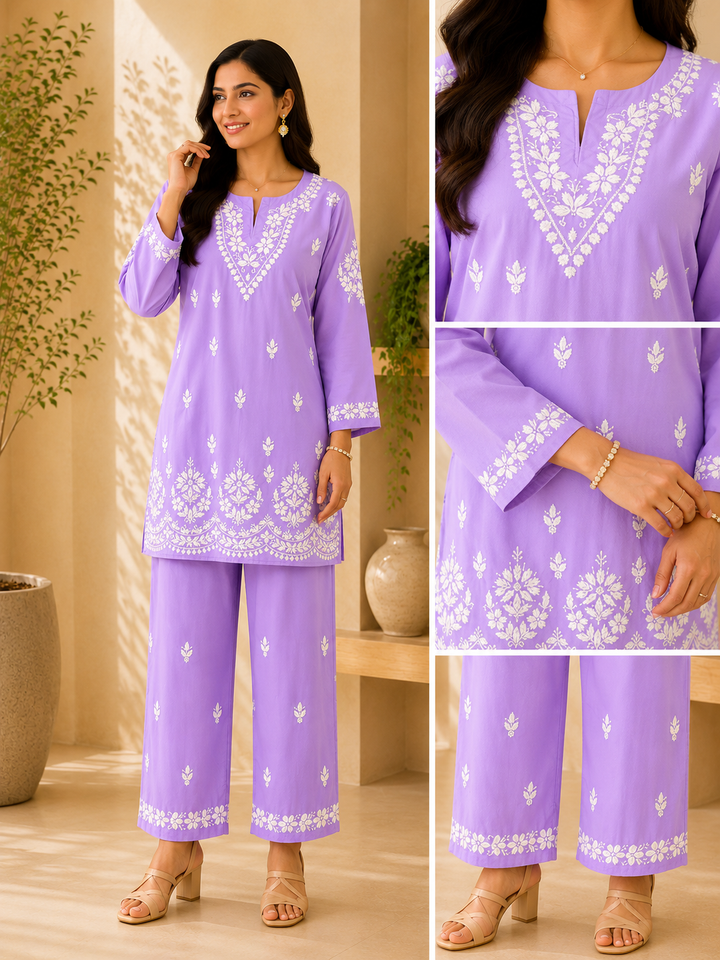 Trisha Rayon Chikankari Handwork Women's Co-ord Set - Lavender