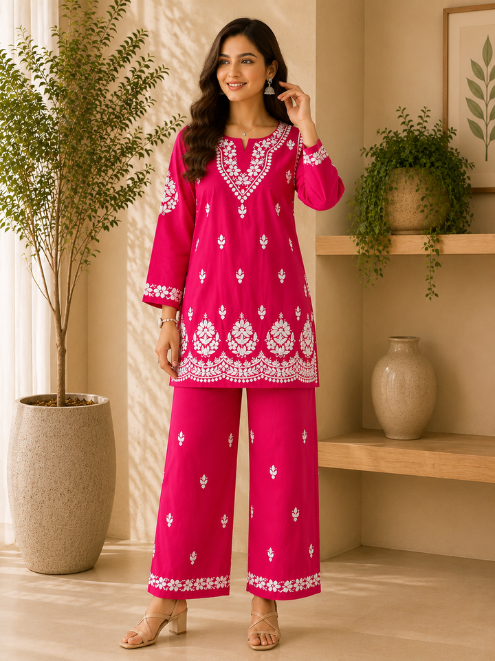 Trisha Rayon Chikankari Handwork Women's Co-ord Set - Magenta