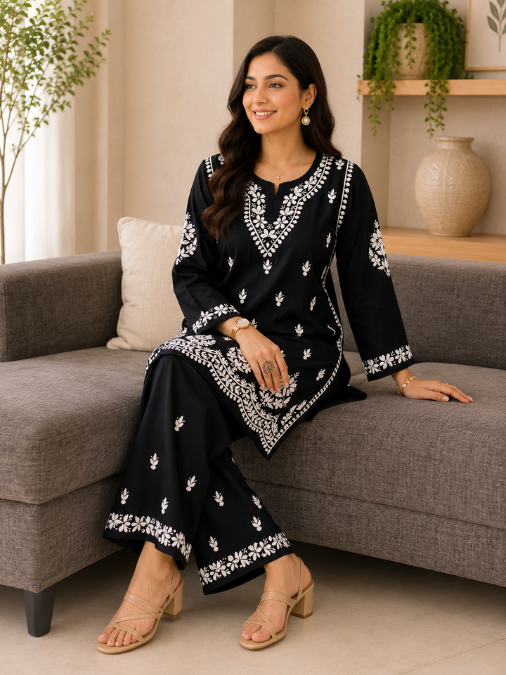 Trisha Rayon Chikankari Handwork Women's Co-ord Set - Black