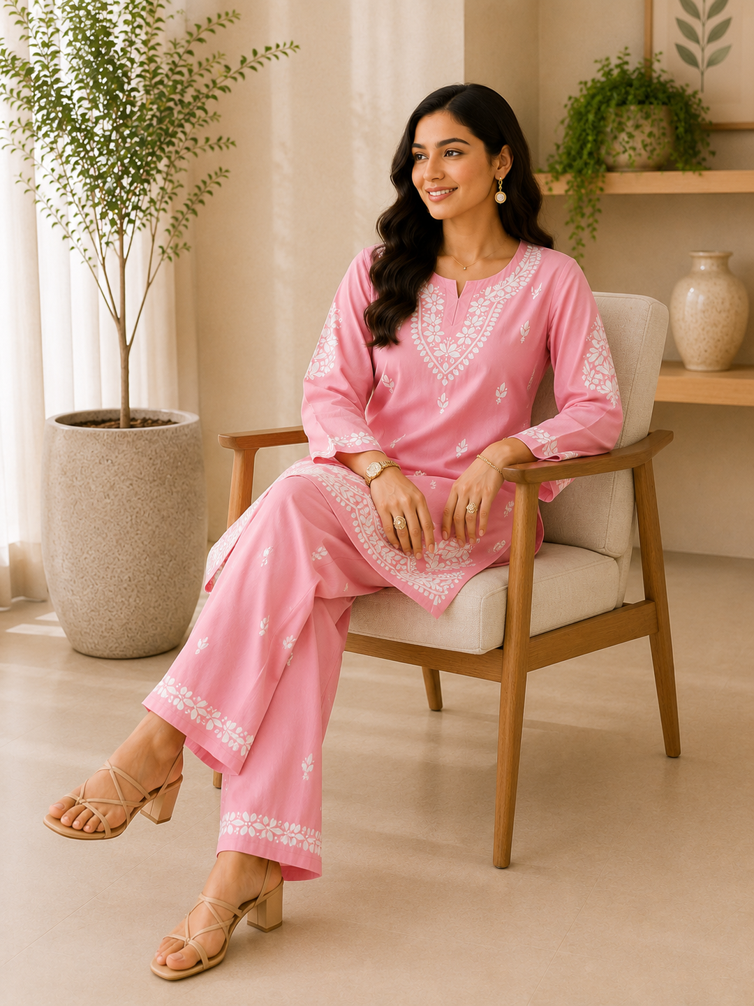 Trisha Rayon Chikankari Handwork Women's Co-ord Set - Rose Pink