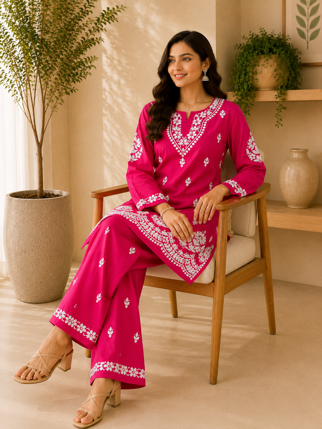 Trisha Rayon Chikankari Handwork Women's Co-ord Set - Magenta