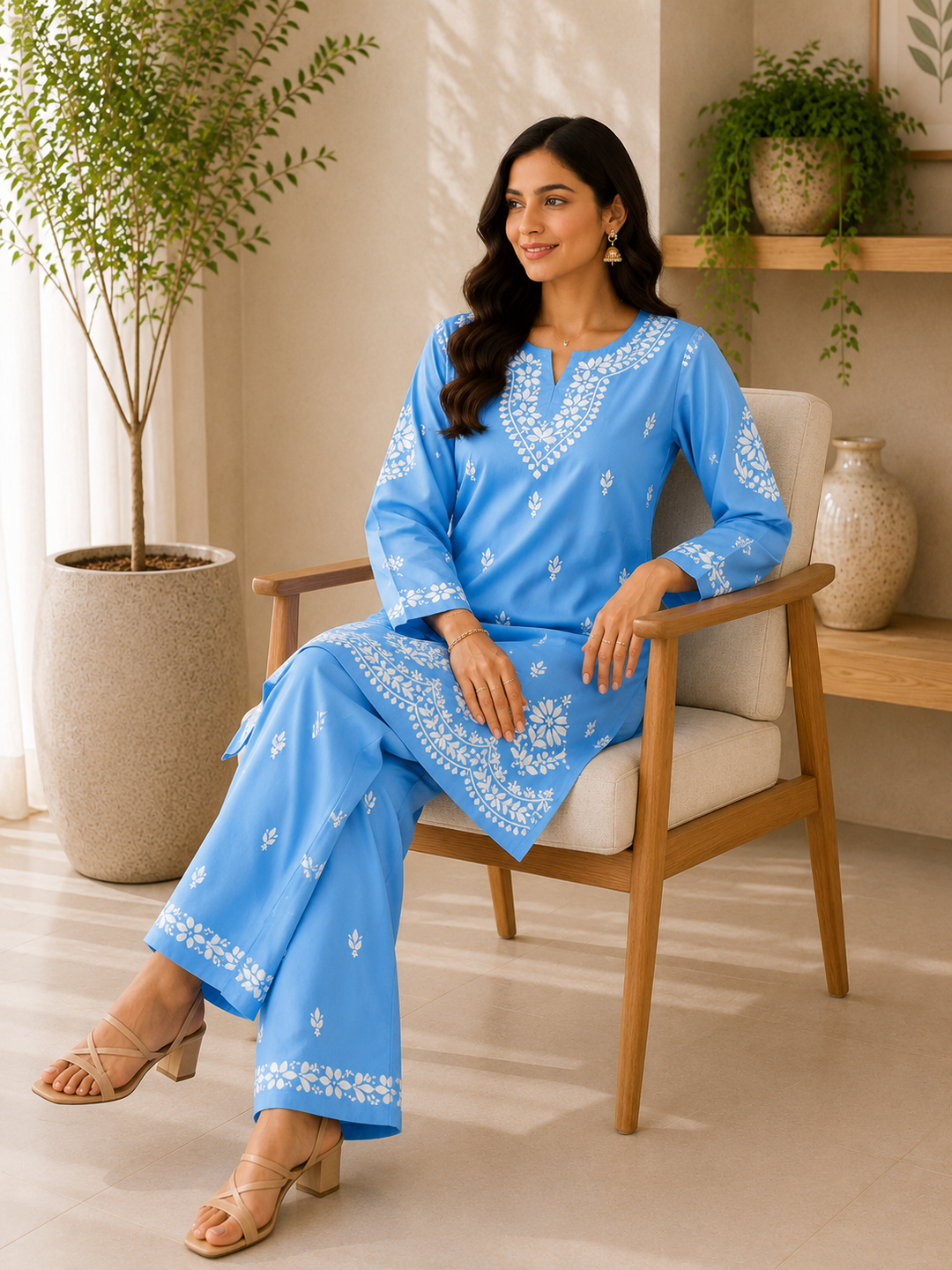 Trisha Rayon Chikankari Handwork Women's Co-ord Set - Powder Blue