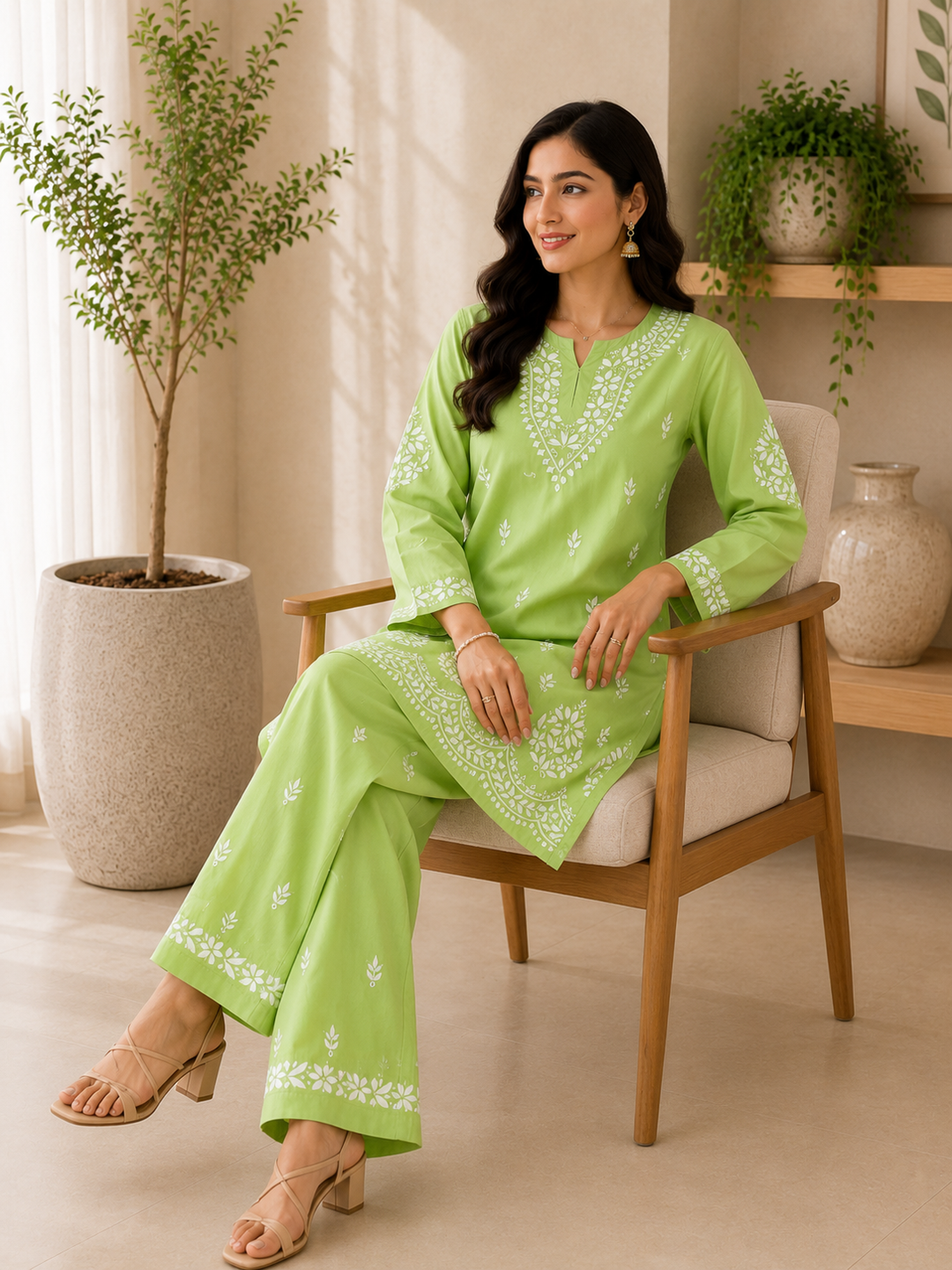 Trisha Rayon Chikankari Handwork Women's Co-ord Set - Pista