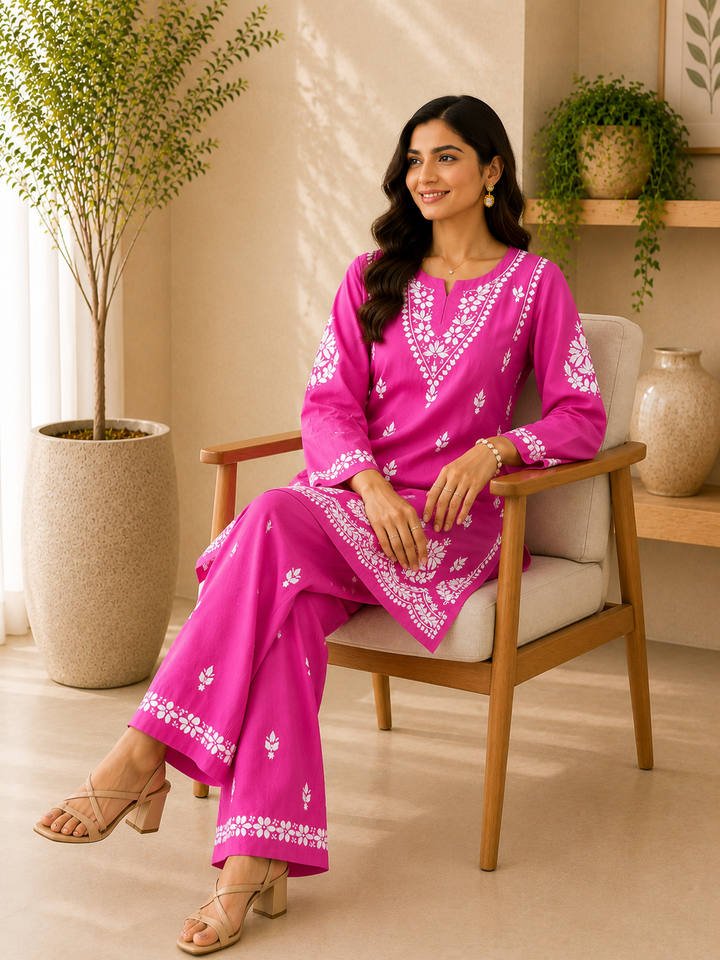 Trisha Rayon Chikankari Handwork Women's Co-ord Set - Dark Pink