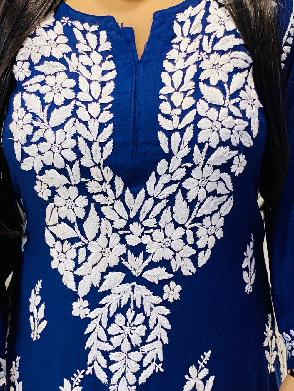 Navy Blue Falak 3D Chikankari Hand Embroidery Design Rayon Womens Kurta