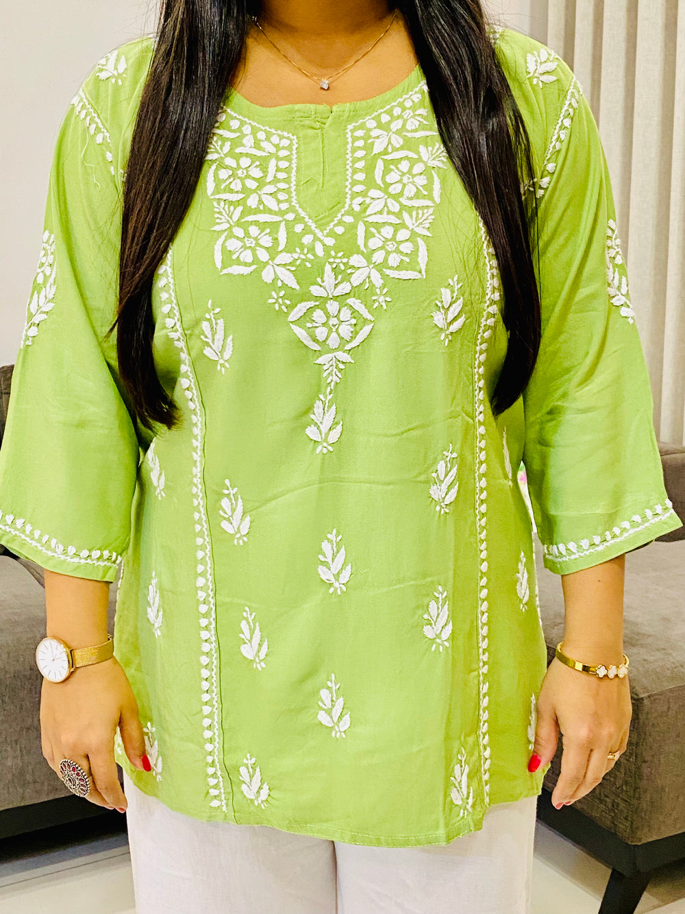 Pista Isha Rayon Chikankari Solid Women's Short Top