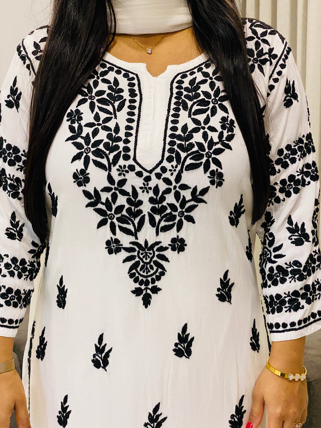 White Sanchi Rayon Chikankari Hand Embroidered Women's Solid Long Kurta