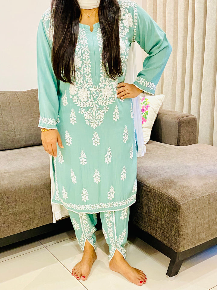 Army Green Sangria Premium Rayon Chikankari Solid Women's Kurta-Dhoti Set