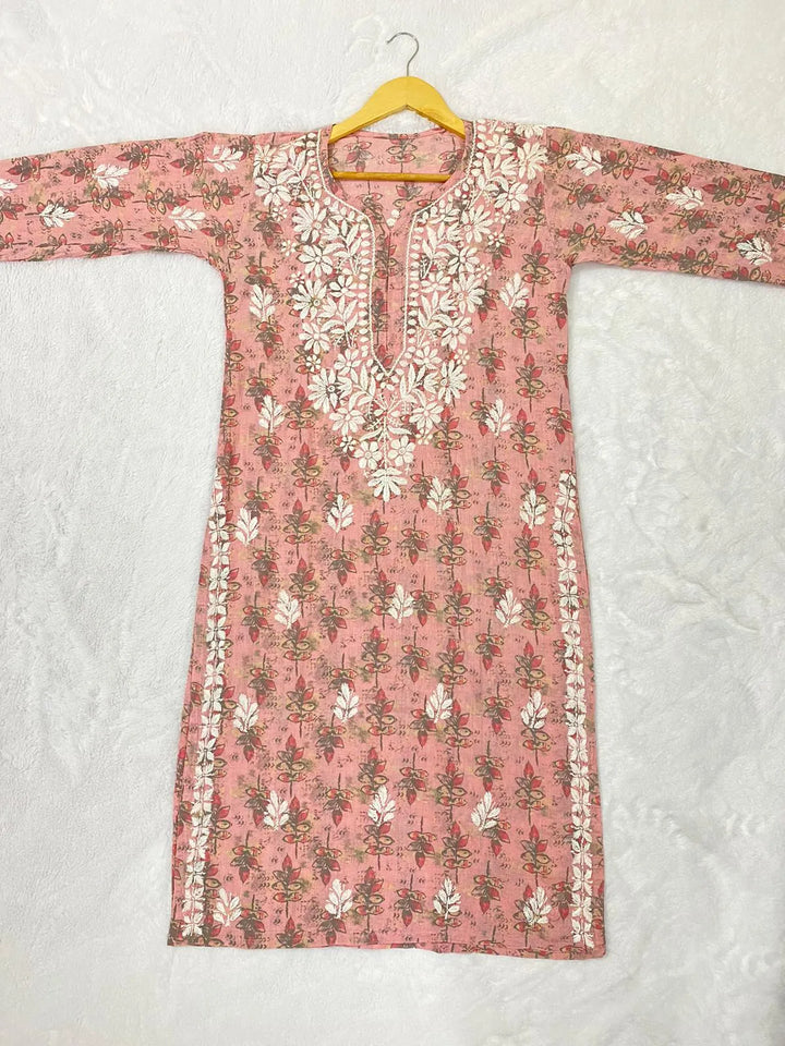 Onion Pink Inayat Cotton Chikankari Hand Embroidered Women's Long Kurta