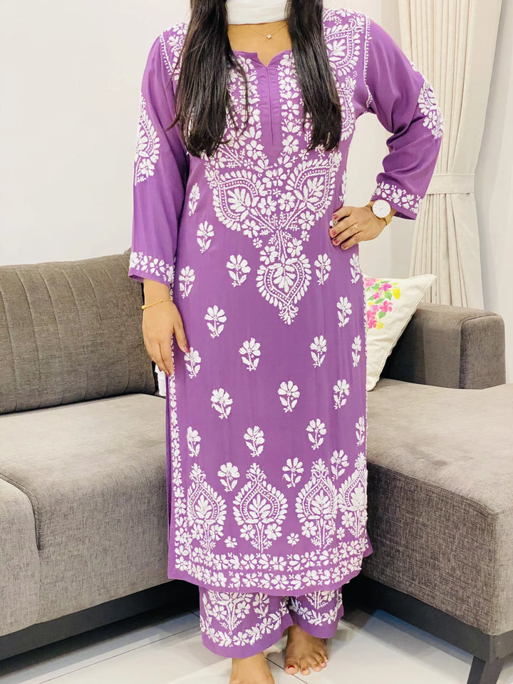 Mauve Opium Premium Modal Chikankari Women's Solid Long Kurta Palazzo Set