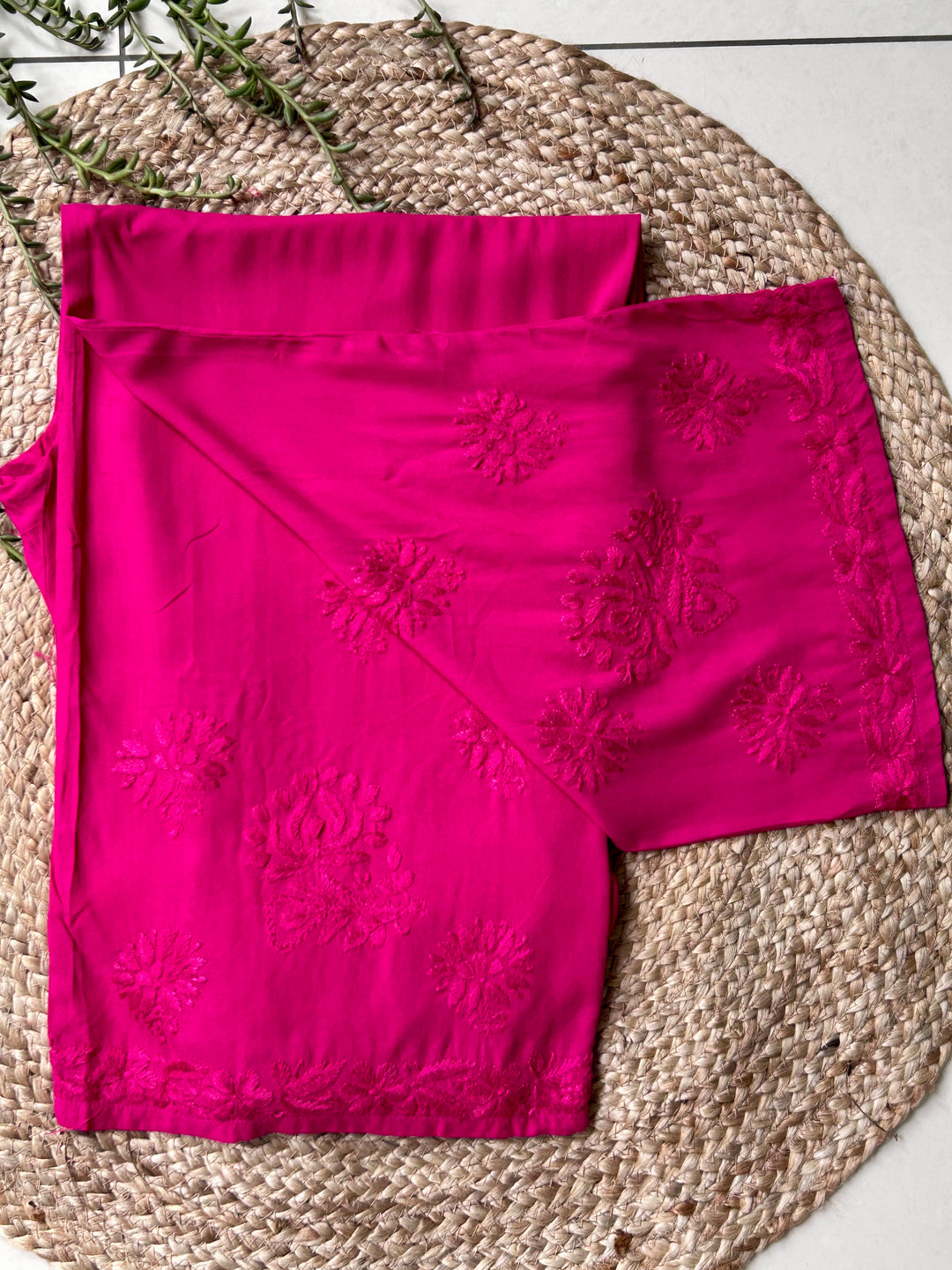 Rani Pink Palak Premium Chikankari Hand Embroidered Kurta Palazzo Set