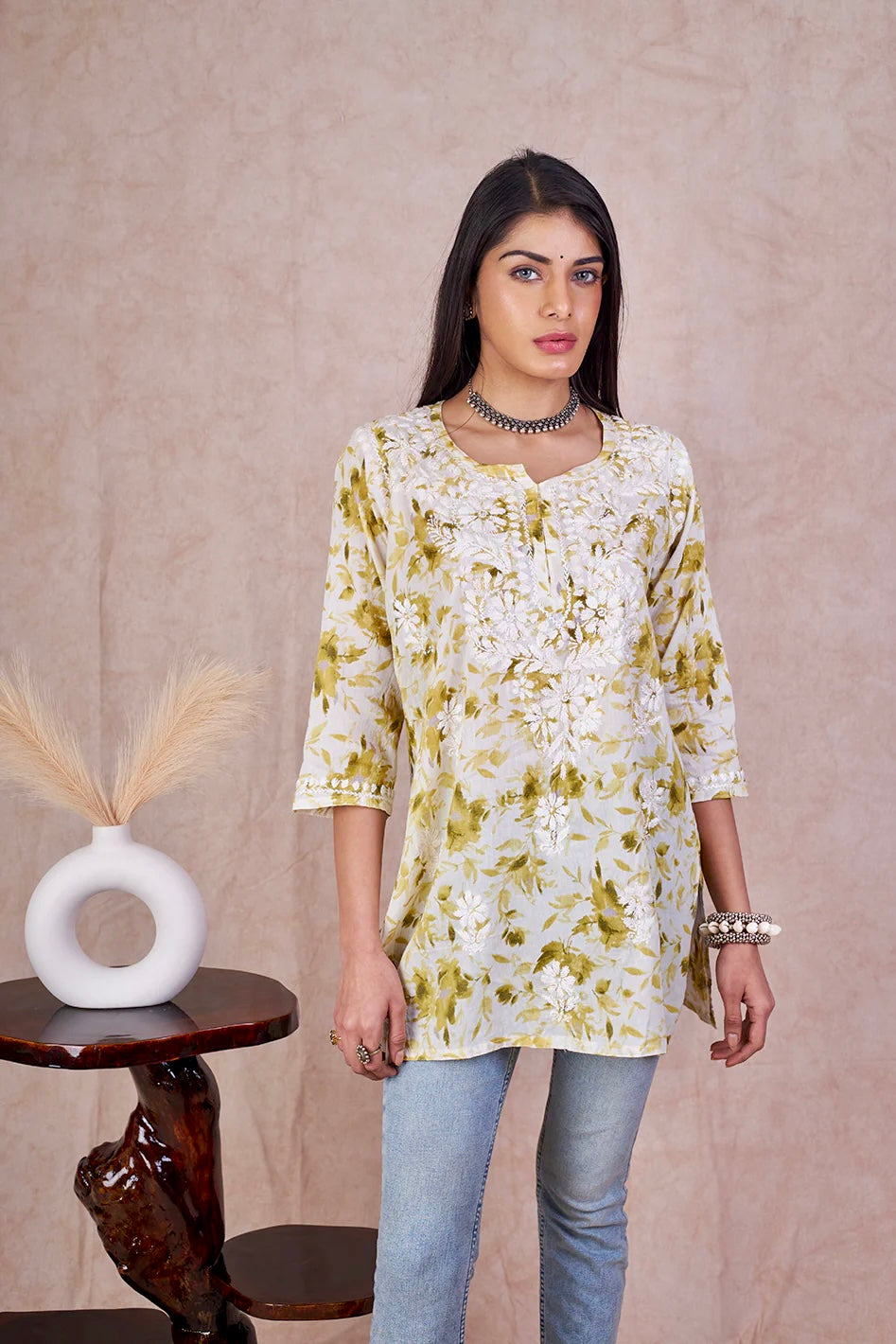 Green Kannika Mulmul Printed Short kurti
