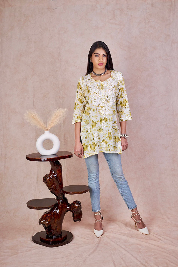 Green Kannika Mulmul Printed Short kurti