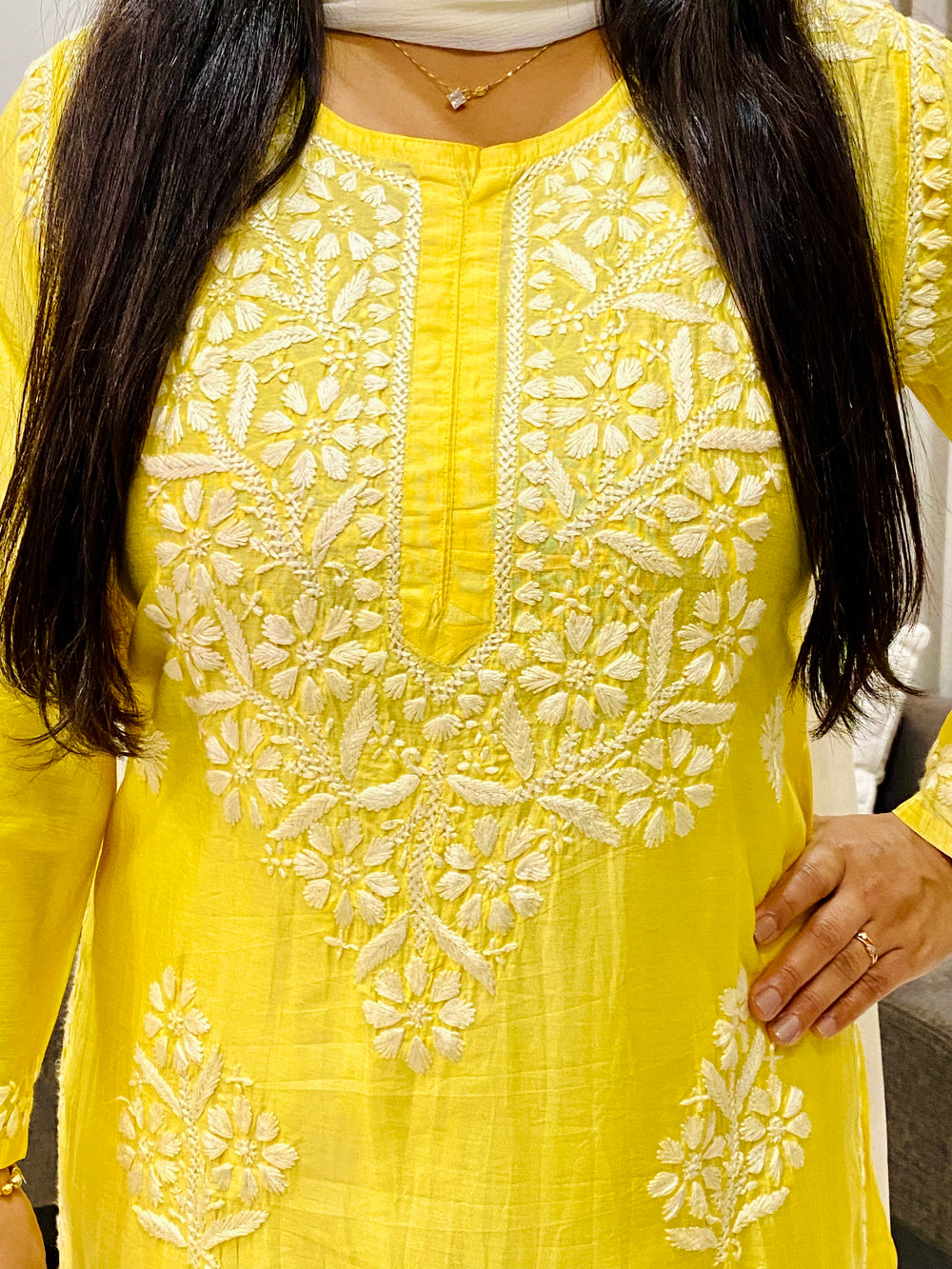 Yellow Rida Premium Chanderi Chikankari Women's Solid Long Kurta
