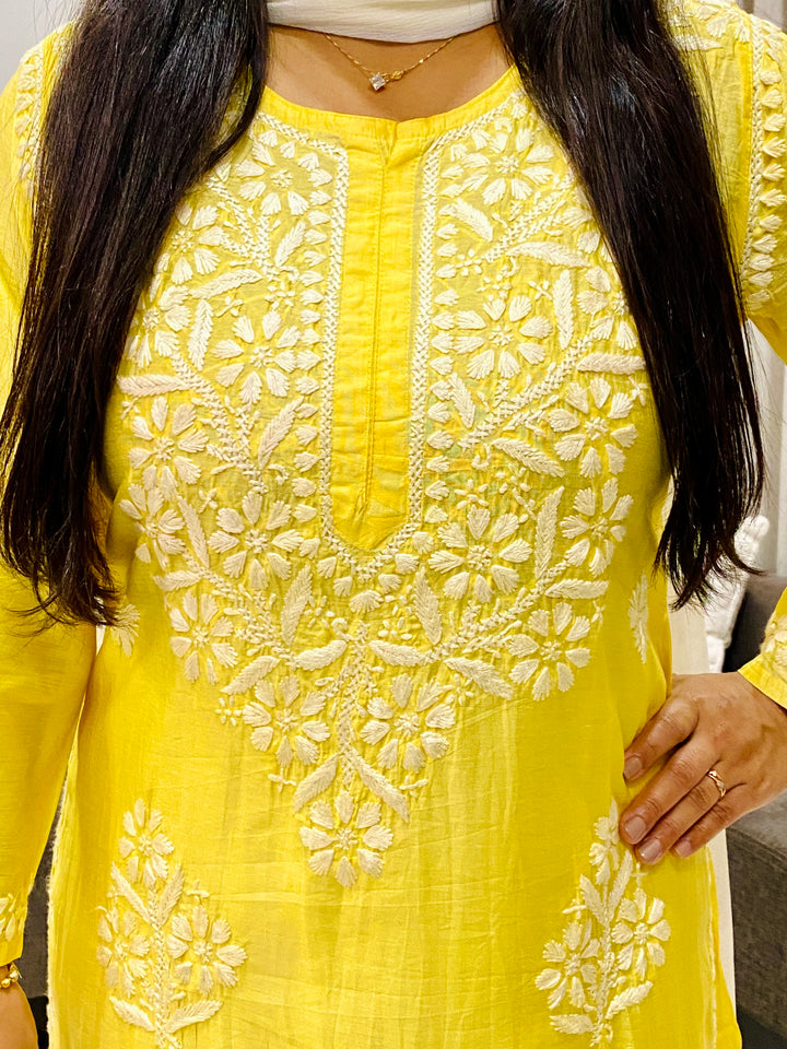 Yellow Rida Premium Chanderi Chikankari Women's Solid Long Kurta