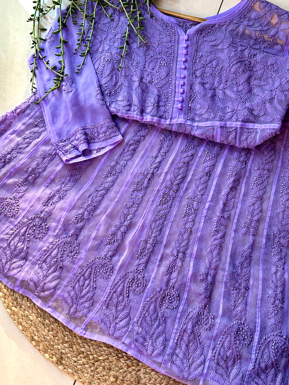 Lavender Tara Resham Chikankari Hand Embroidered Women's Yog Anarkali Kurta