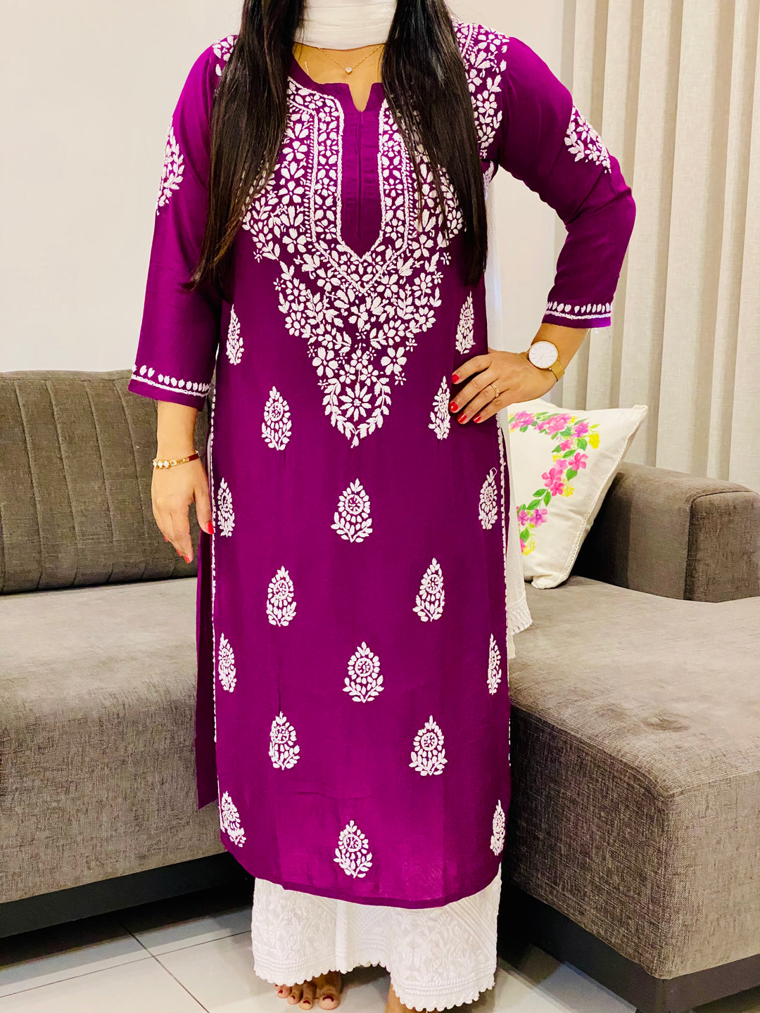 Wine Niya Premium Modal Chikankari Solid Women's Long Kurta